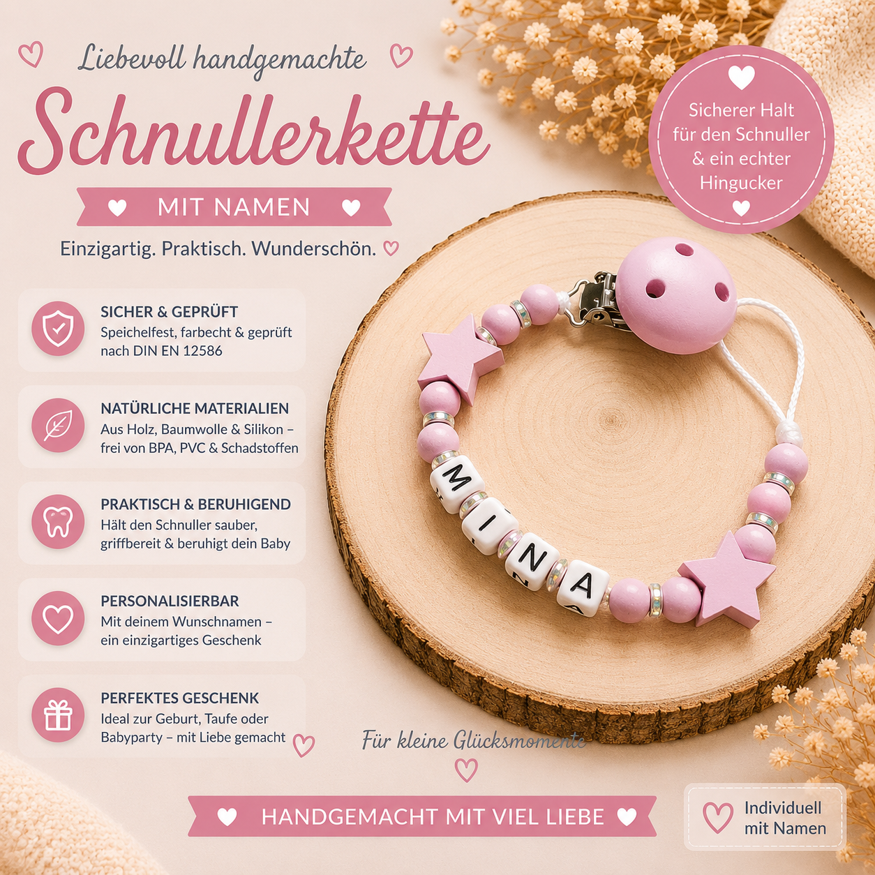 Personalisierte Schnullerkette Rosa mit Stern – Handgemacht mit Wunschname