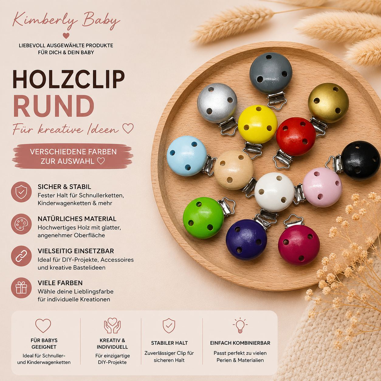 Schnullerkettenclip - Holzclip Ihrer Wahl