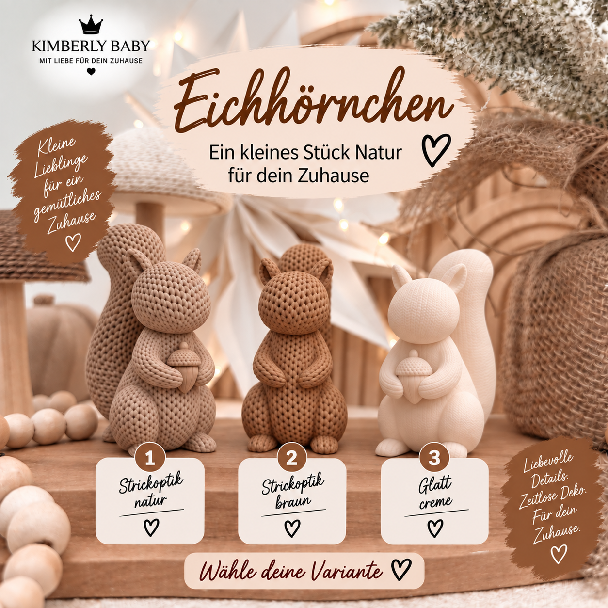 Eichhörnchen Deko aus 3D-Druck – 3 Varianten in Strickoptik & Glatt