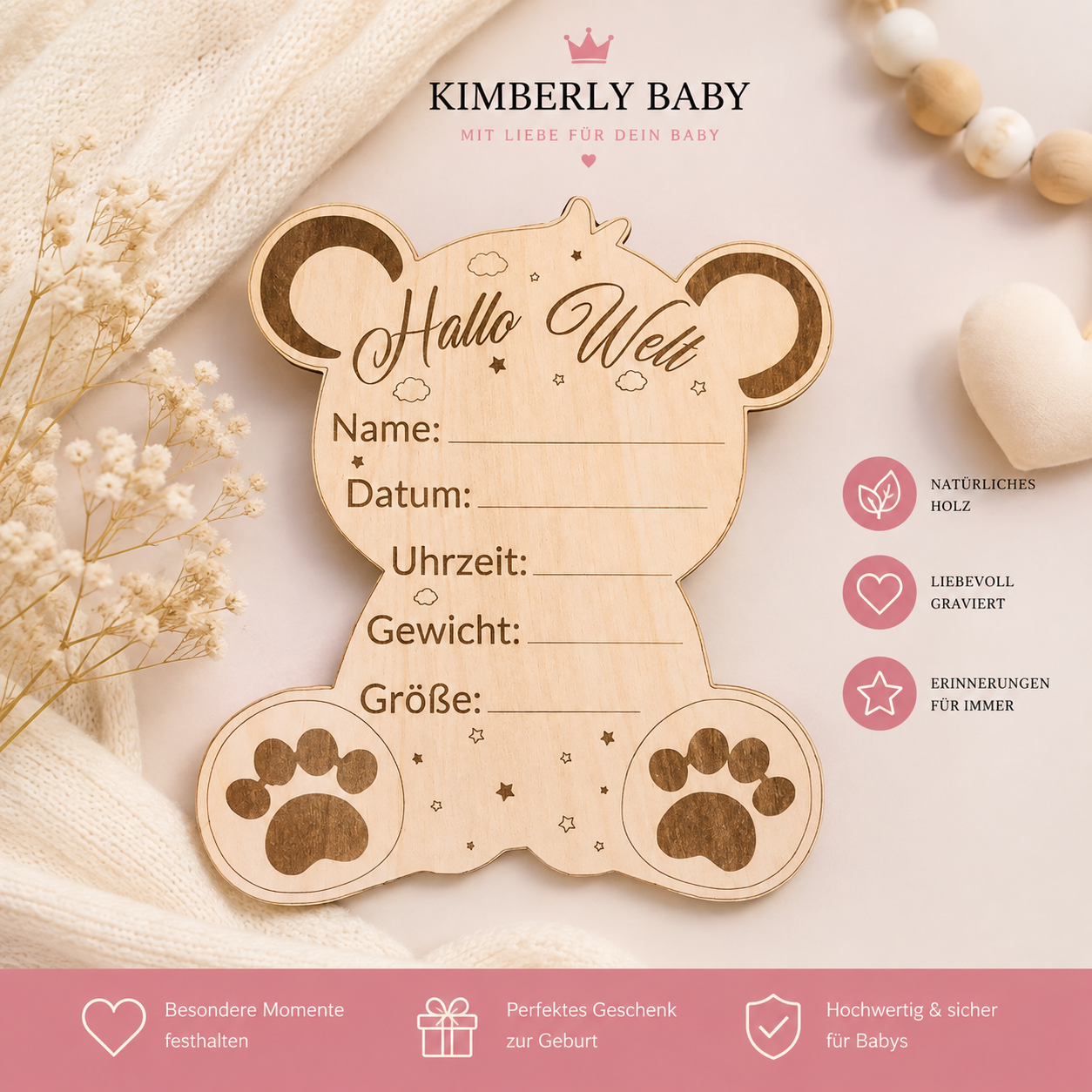 Hallo Welt Geburtsschild Teddy aus Holz – Baby Erinnerungsplakette mit Geburtsdaten