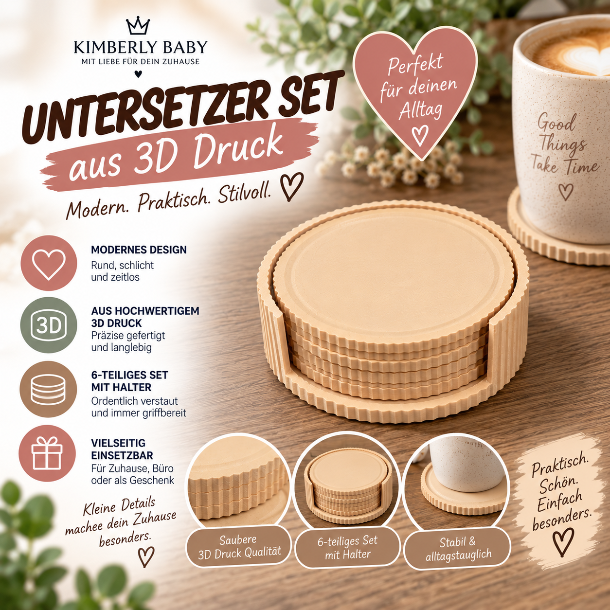 Untersetzer Set aus 3D-Druck – 6 Getränkeuntersetzer mit Halter