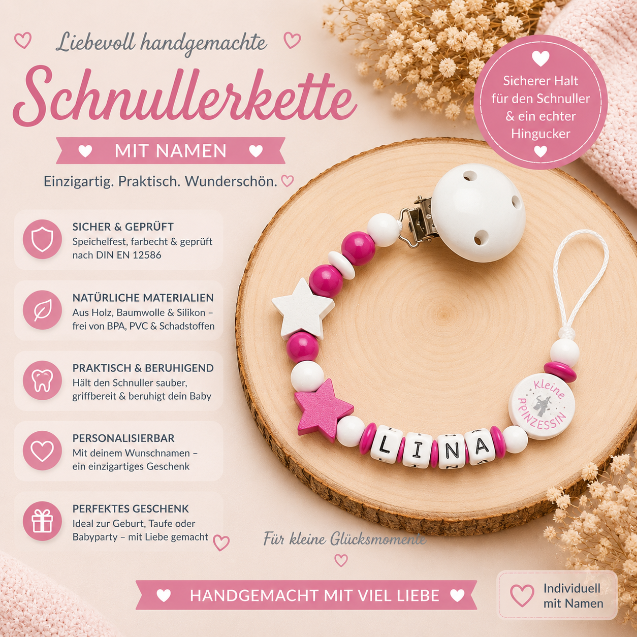 Personalisierte Schnullerkette mit Namen Rosa Weiß – Stern & Papas Volltreffer | Handgemacht