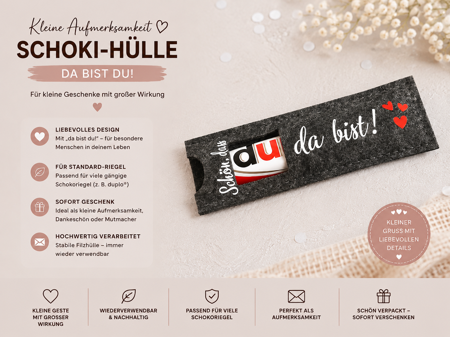 Schokoriegel Filzhülle „Schön, dass du da bist!“ – kleines Dankeschön & Geschenkidee