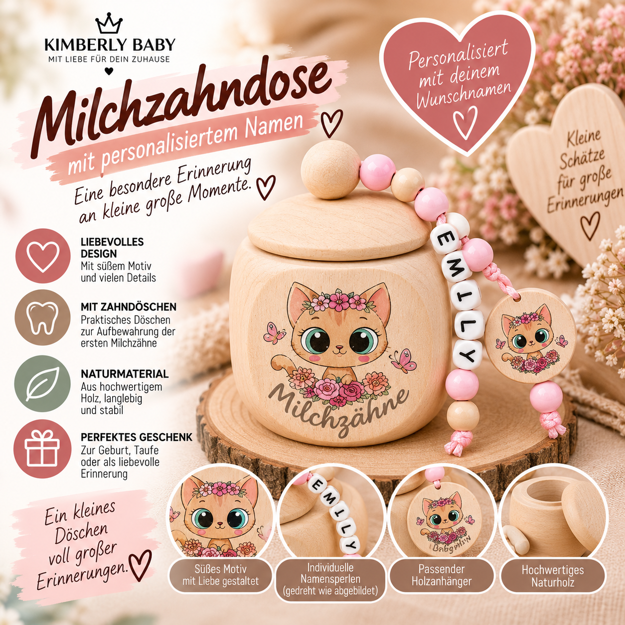 Personalisierte Milchzahndose mit Namen – Zahndose aus Holz mit Katzenmotiv