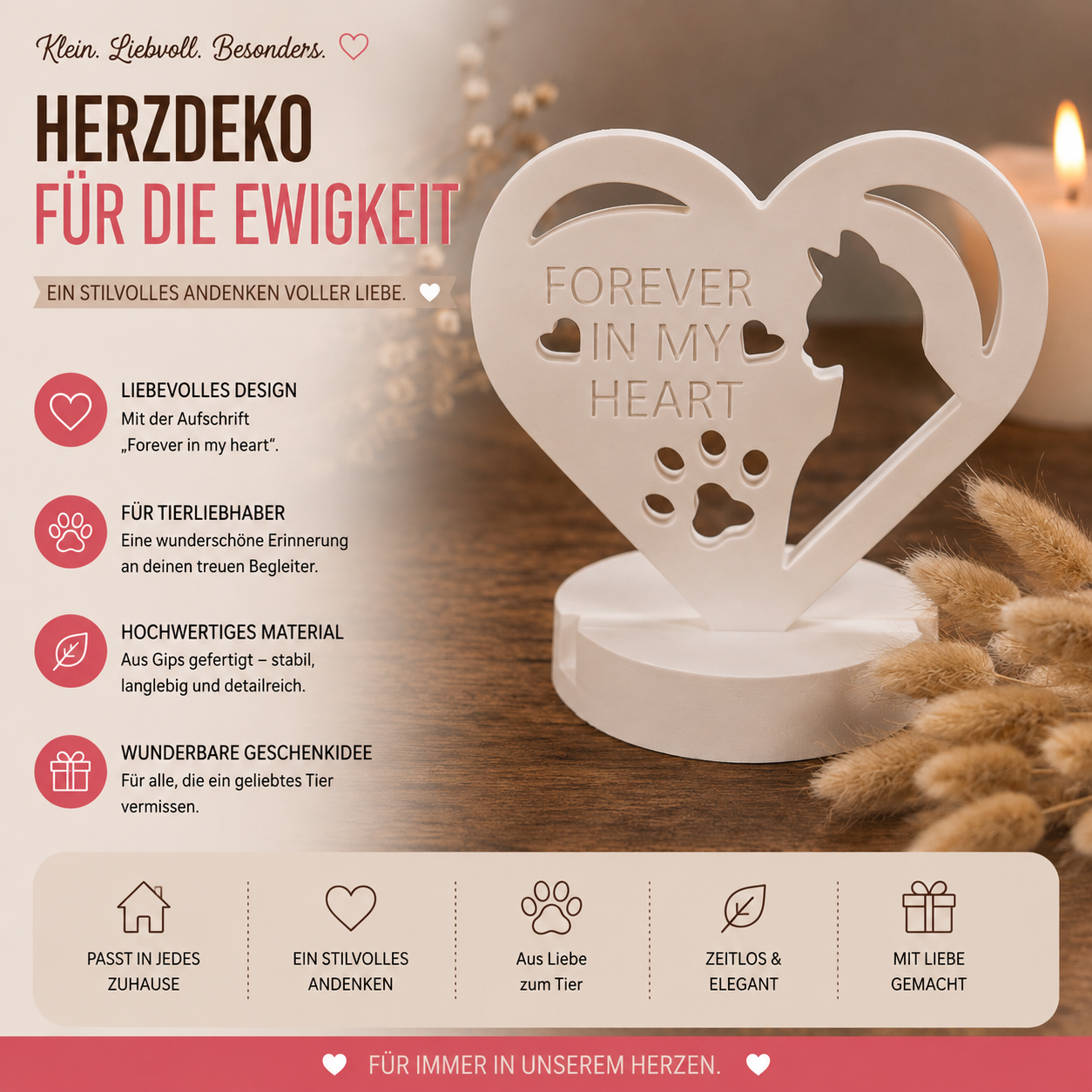 Herzdeko Katze „Forever in my Heart“ aus Gips – liebevolles Tier-Andenken