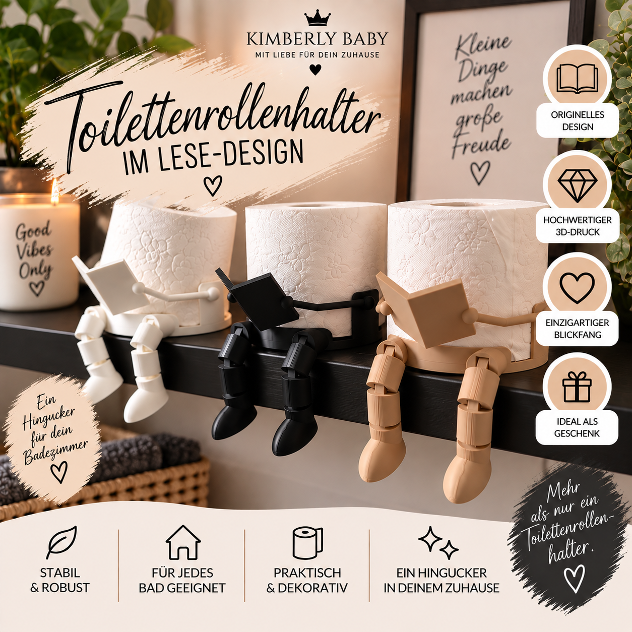 Toilettenrollenhalter mit lesender Figur aus 3D-Druck – lustige WC Deko mit Buch