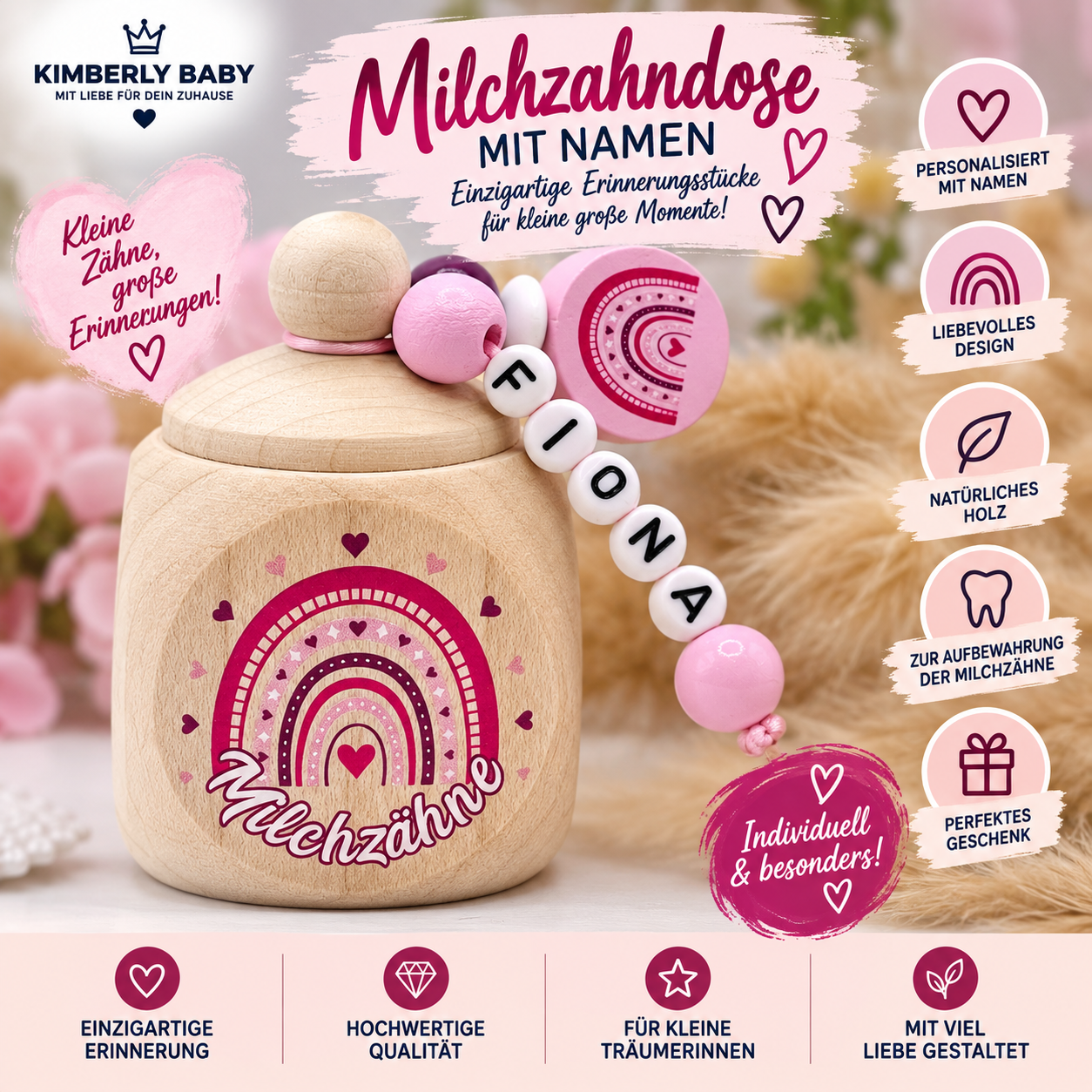 Personalisierte Milchzahndose Regenbogen aus Holz – mit Namen & Anhänger