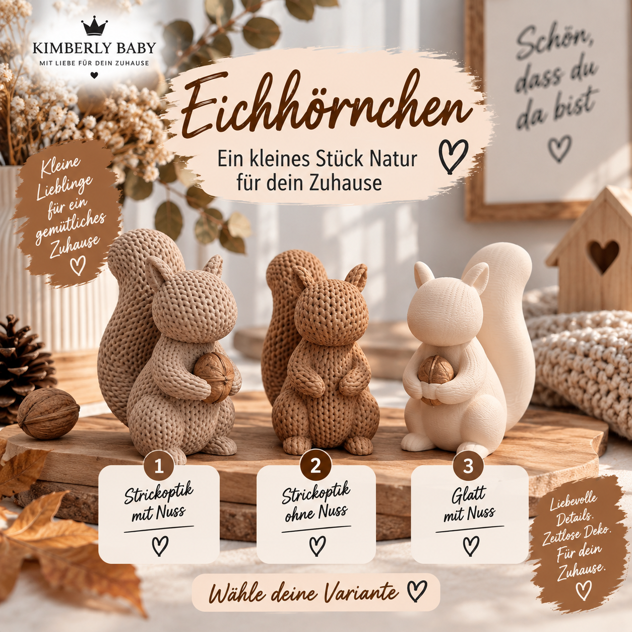 Eichhörnchen Deko aus 3D-Druck – 3 Varianten in Strickoptik & Glatt