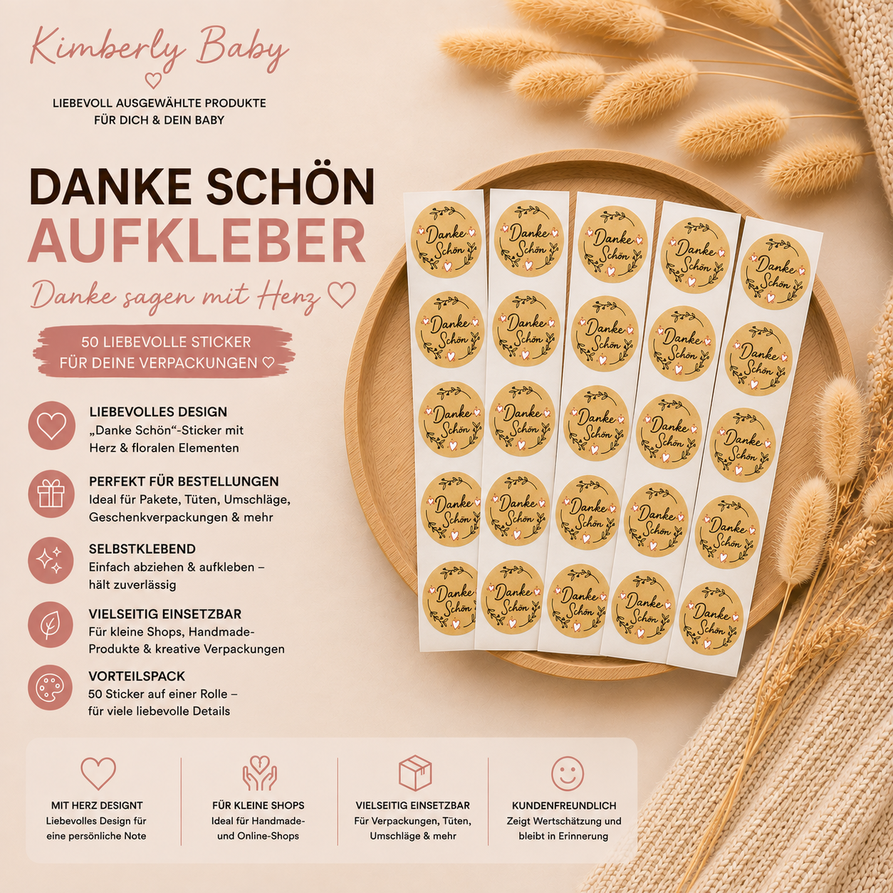 Danke Schön Sticker – 50 Aufkleber | 10 Streifen à 5 Stück