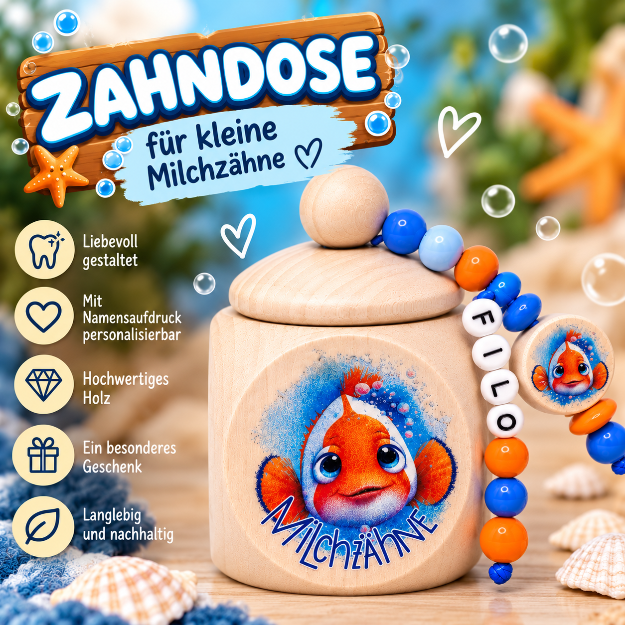 Personalisierte Milchzahndose aus Holz mit Namen – Clownfisch Zahndose mit Perlenanhänger