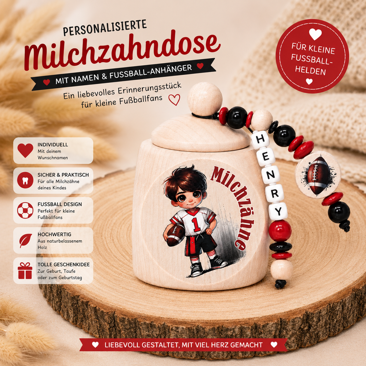 Personalisierte Milchzahndose American Football mit Namensanhänger