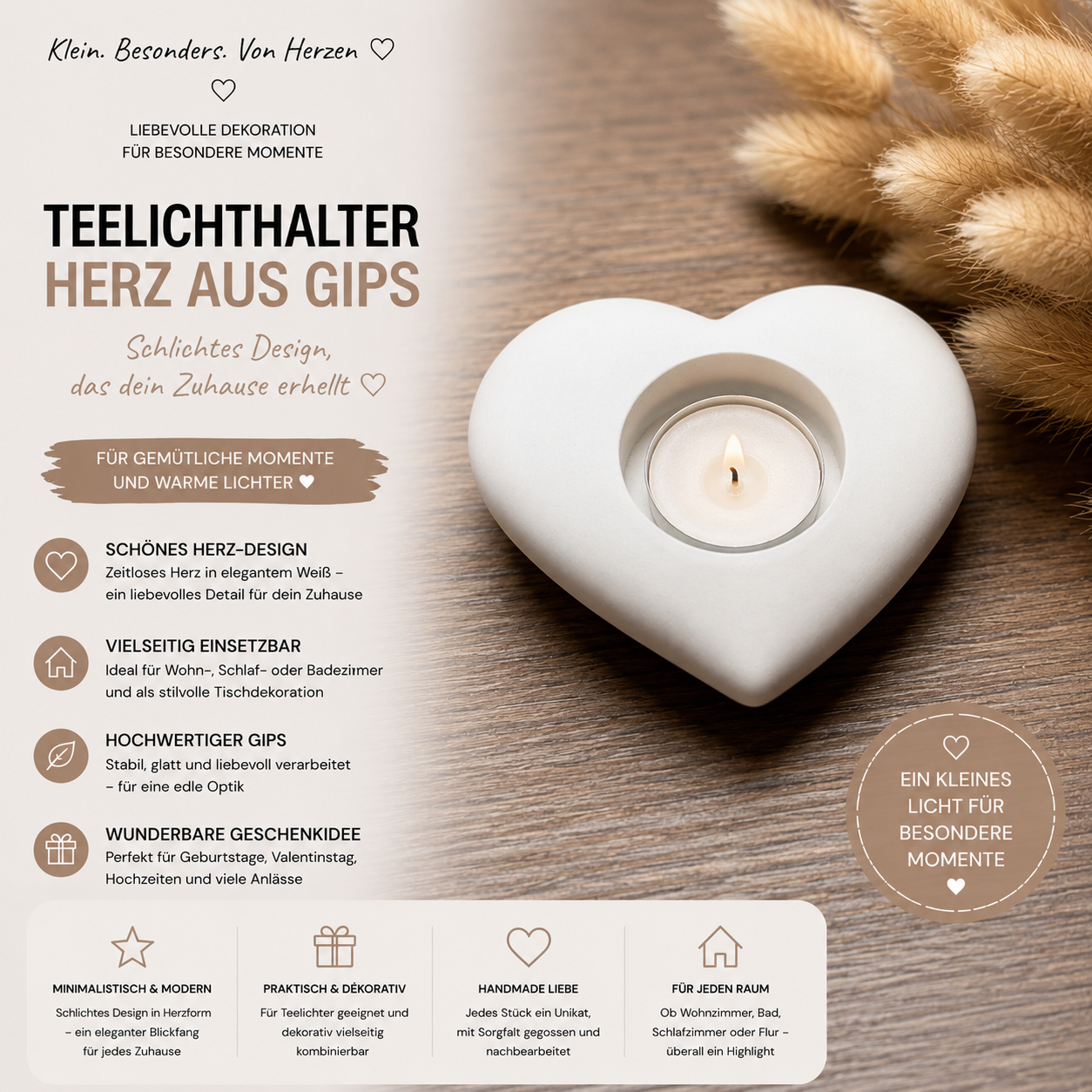 Teelichthalter Herz aus Gips – Weiß | Herzdeko & Geschenkidee