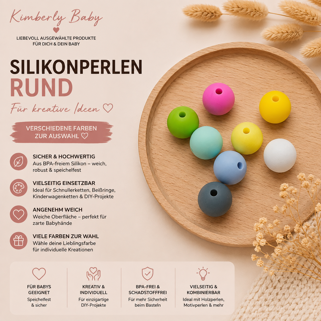 Silikonperle rund – verschiedene Farben | einzeln wählbar