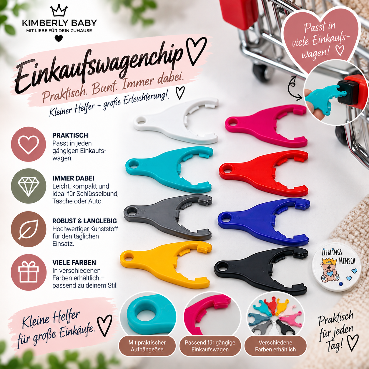 Einkaufswagenchip mit Halter & Wunschmotiv – Einkaufschip in verschiedenen Farben