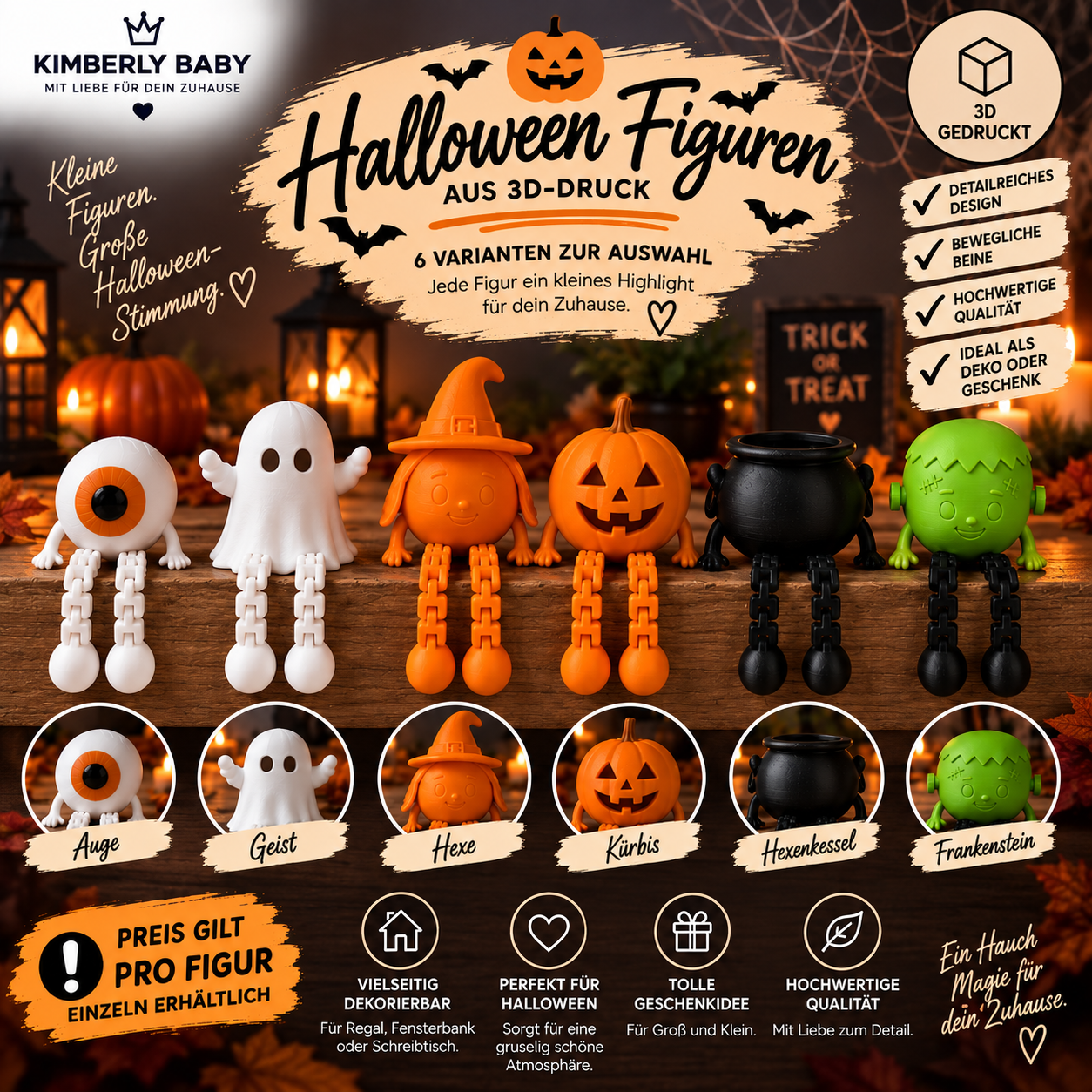Halloween Figuren aus 3D-Druck mit beweglichen Beinen – 6 Varianten