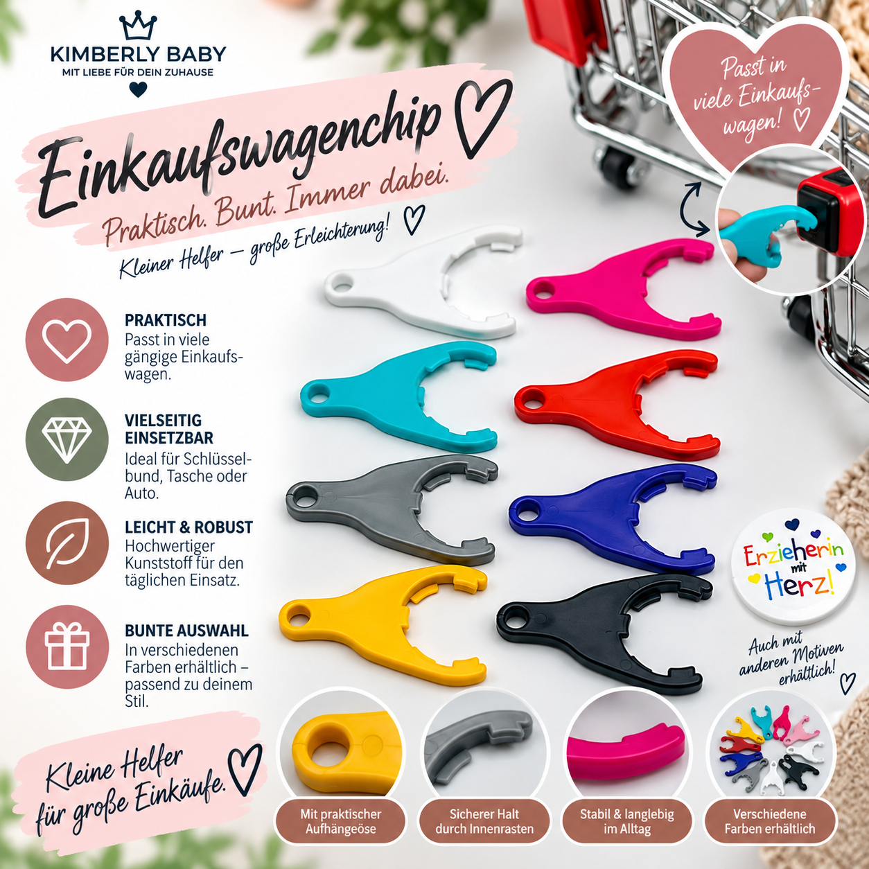 Einkaufswagenchip „Erzieherin mit Herz“ mit Halter – Geschenk für Erzieherin