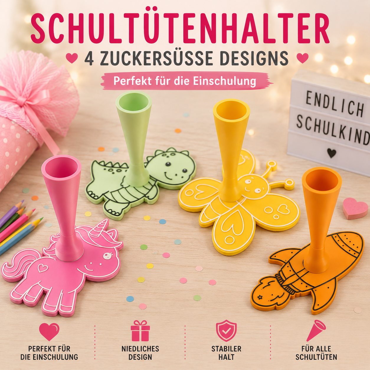 Schultütenhalter 3D-Druck – Einhorn, Dino, Schmetterling & Rakete | Einschulung