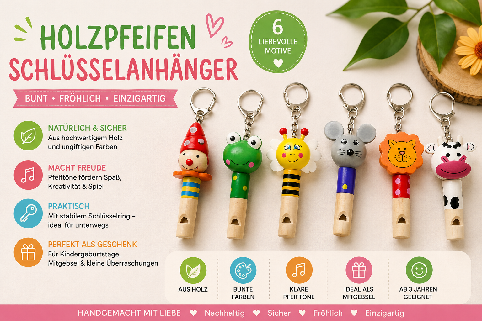Schlüsselanhänger Flöten - versch. Tiere