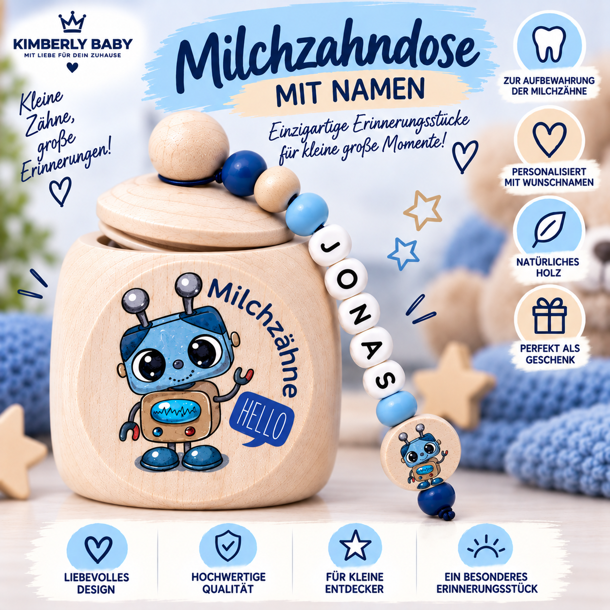Personalisierte Milchzahndose Roboter aus Holz – mit Namen & Anhänger