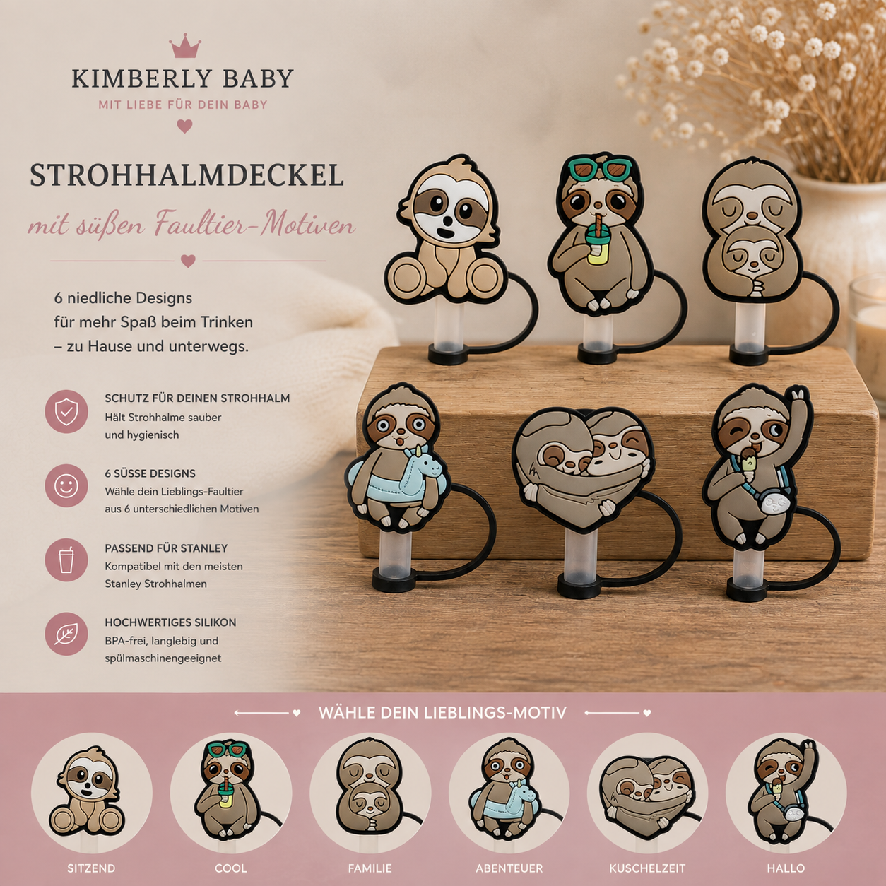 Strohhalm-Abdeckung Faultier – Silikon Strohhalm Schutz in 6 süßen Motiven