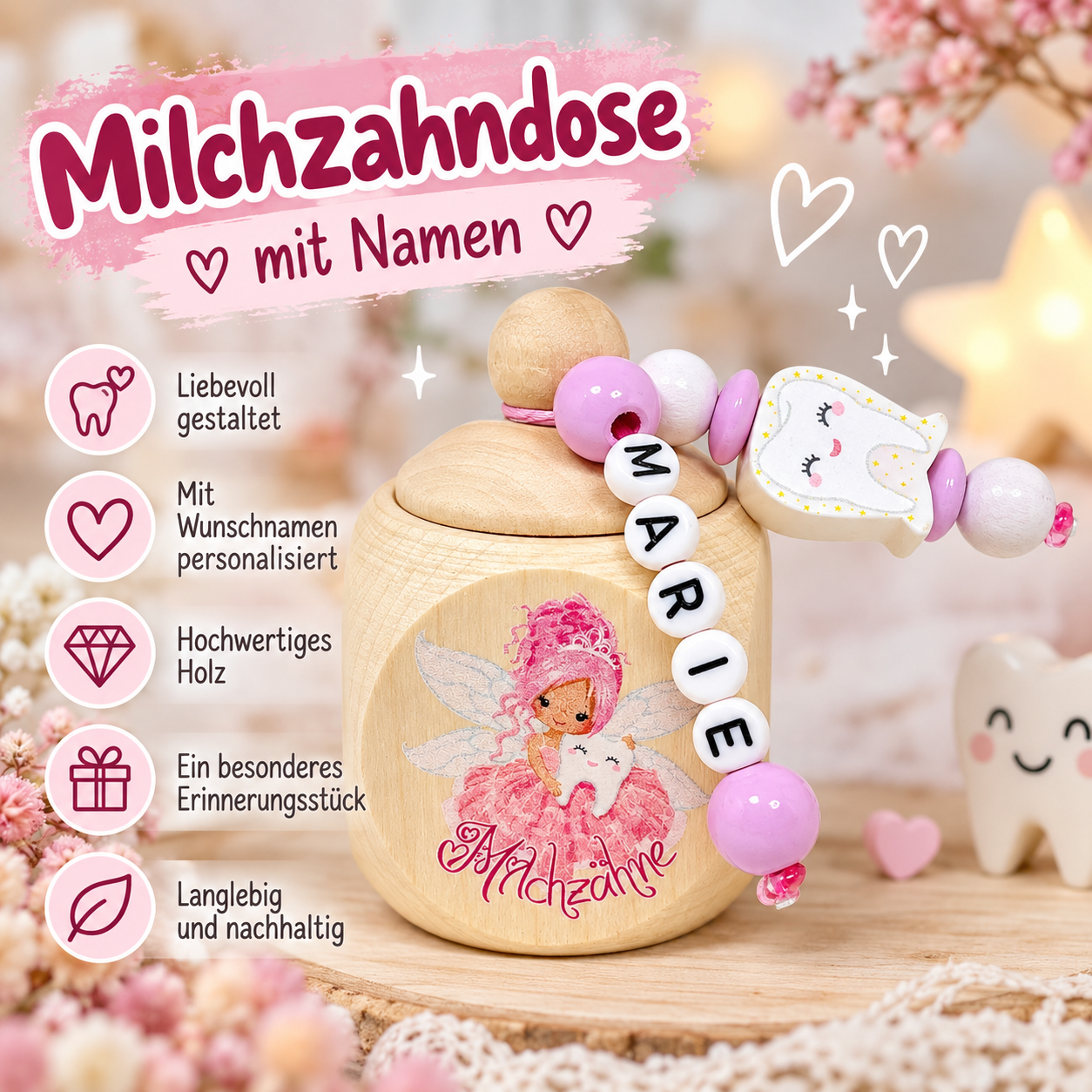 Personalisierte Milchzahndose aus Holz mit Namen – Zahnfee Zahndose mit Perlenanhänger