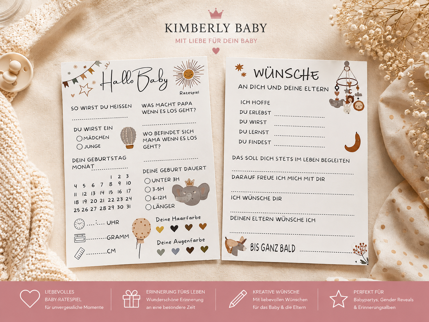 Babyshower Ratespiel & Wünschekarte – Hallo Baby Karten für Babyparty